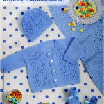 Голубой комплект с ажурными узорами (кофточка, шапочка, пинетки и покрывало)